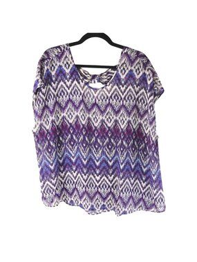 Torrid Womens Blouse Purple White Ikat Short Sleeve Scoop Neck Bow Back Sheer 1X